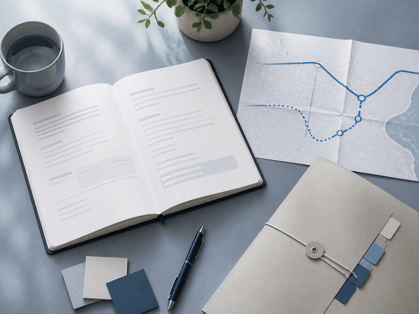 An open notebook and route map arranged for checking language-proof requirements
